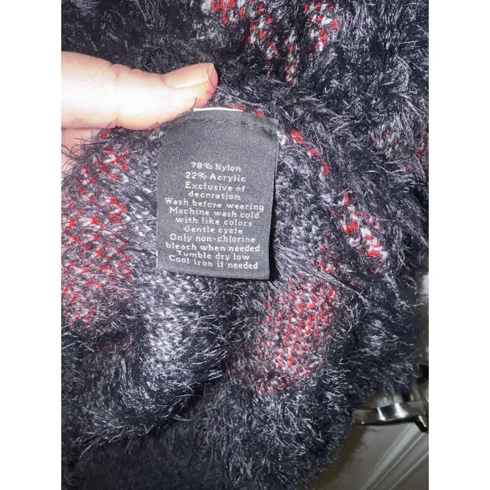Rock & Republic Fuzzy Lash Plaid Lace Up Pullover Hoodie Sweater Black Red M